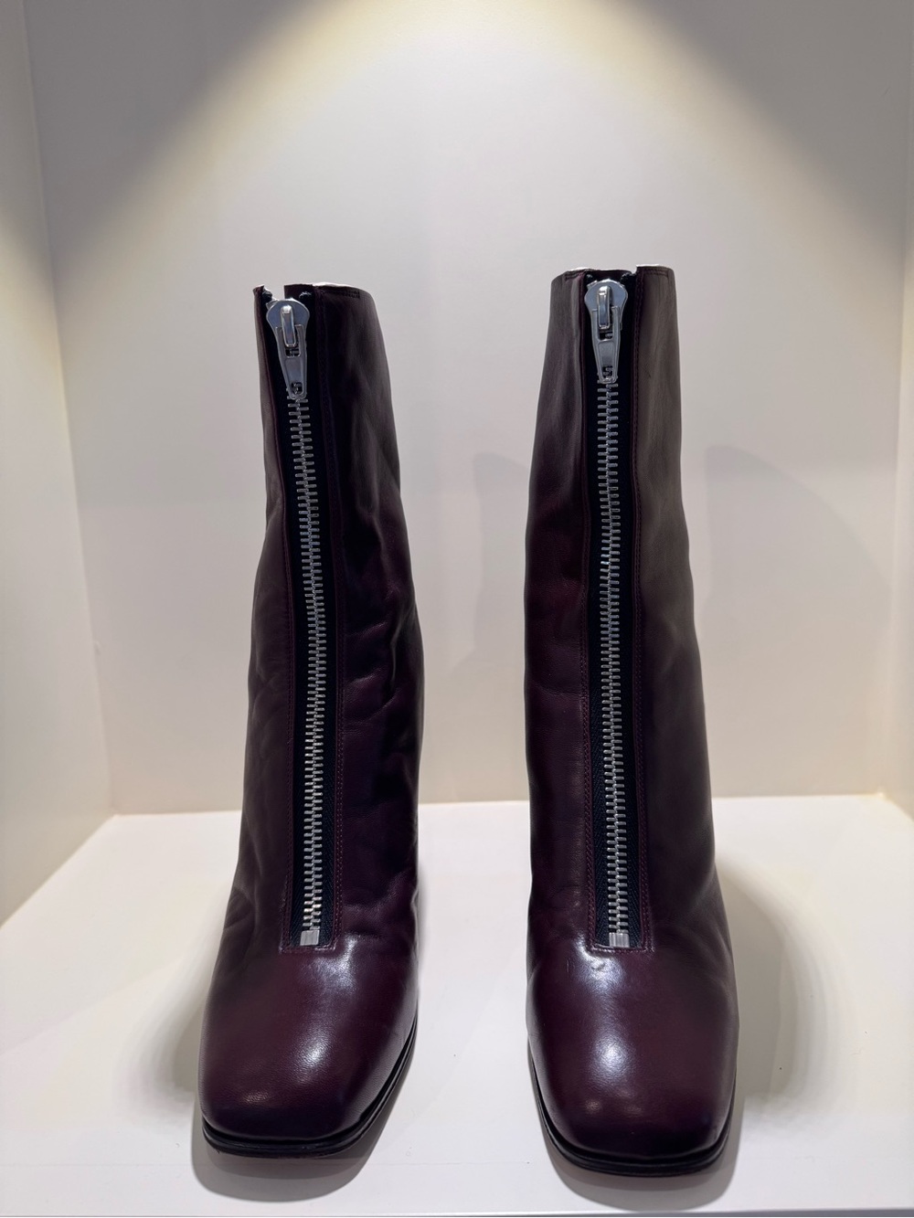 Celine Front-Zip Leather Ankle Boots in Burgundy